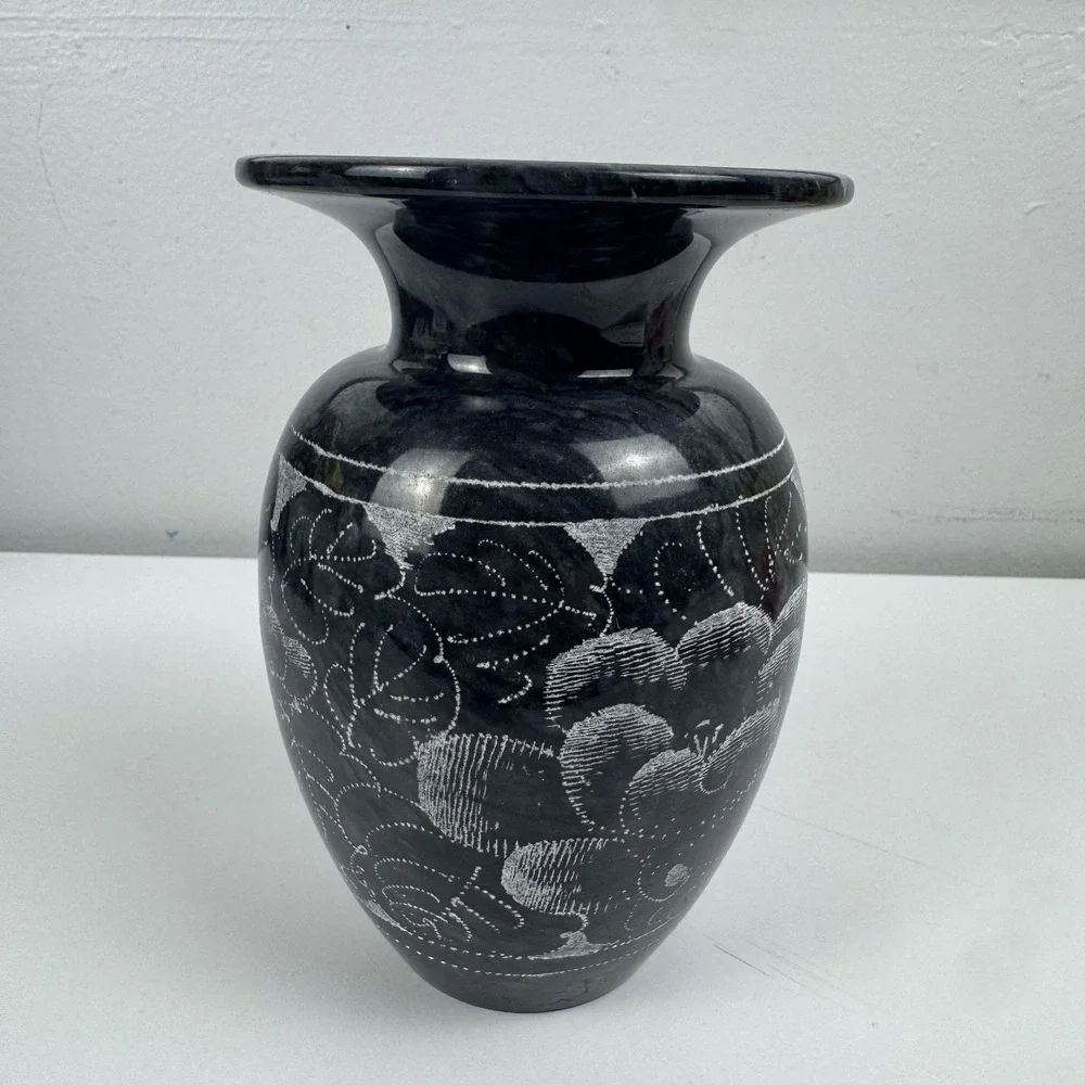 Black Stone Floral Etched Flower Vase Jar Small Decorative Modern Contemporary